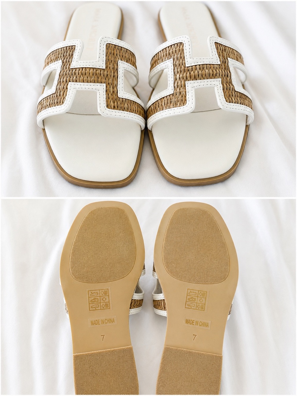 White & Tan Woven Slide Sandals - Women's Casual Slip-On